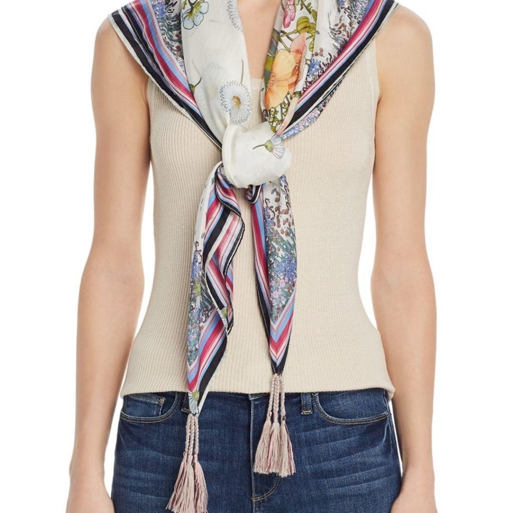 Johnny Was Floral & Stripe Tassel Silk Scarf in Cream, Pink, Blue, Green